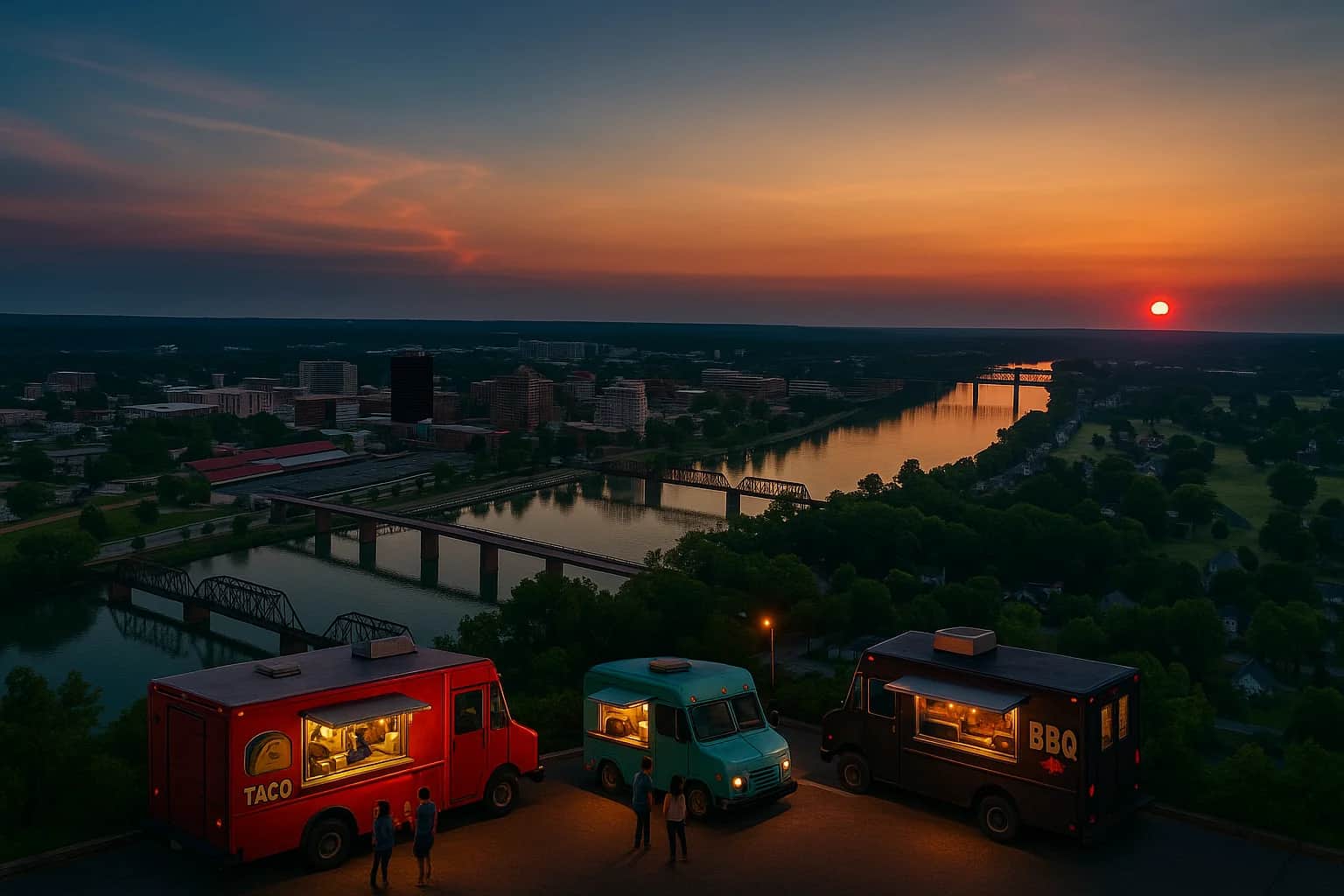 Downtown Augusta skyline at dusk with food trucks